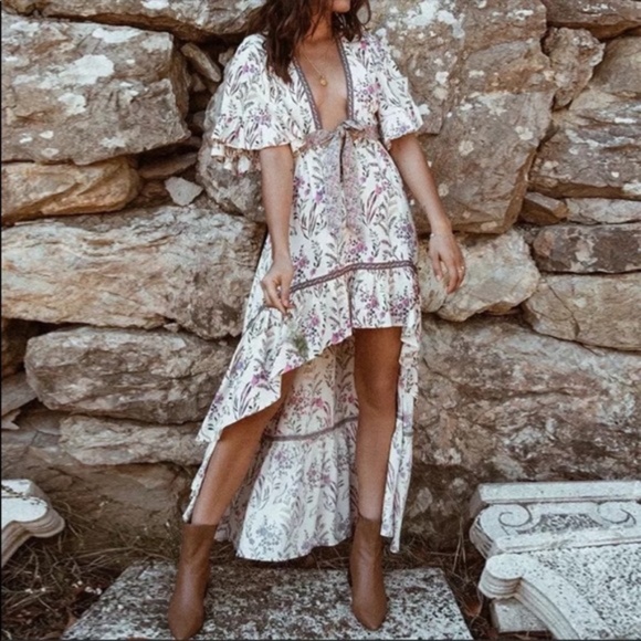 Bohemian cream Floral Print High Low midi Dress - Picture 5 of 10